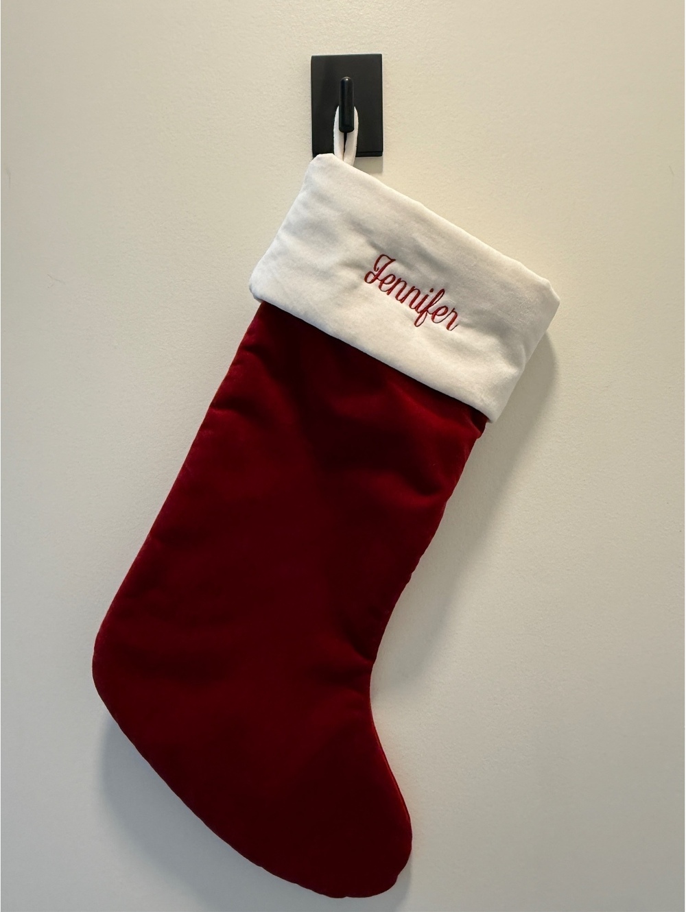 Personalized Holiday Red and White Christmas Stocking with Jennifer Embroidery